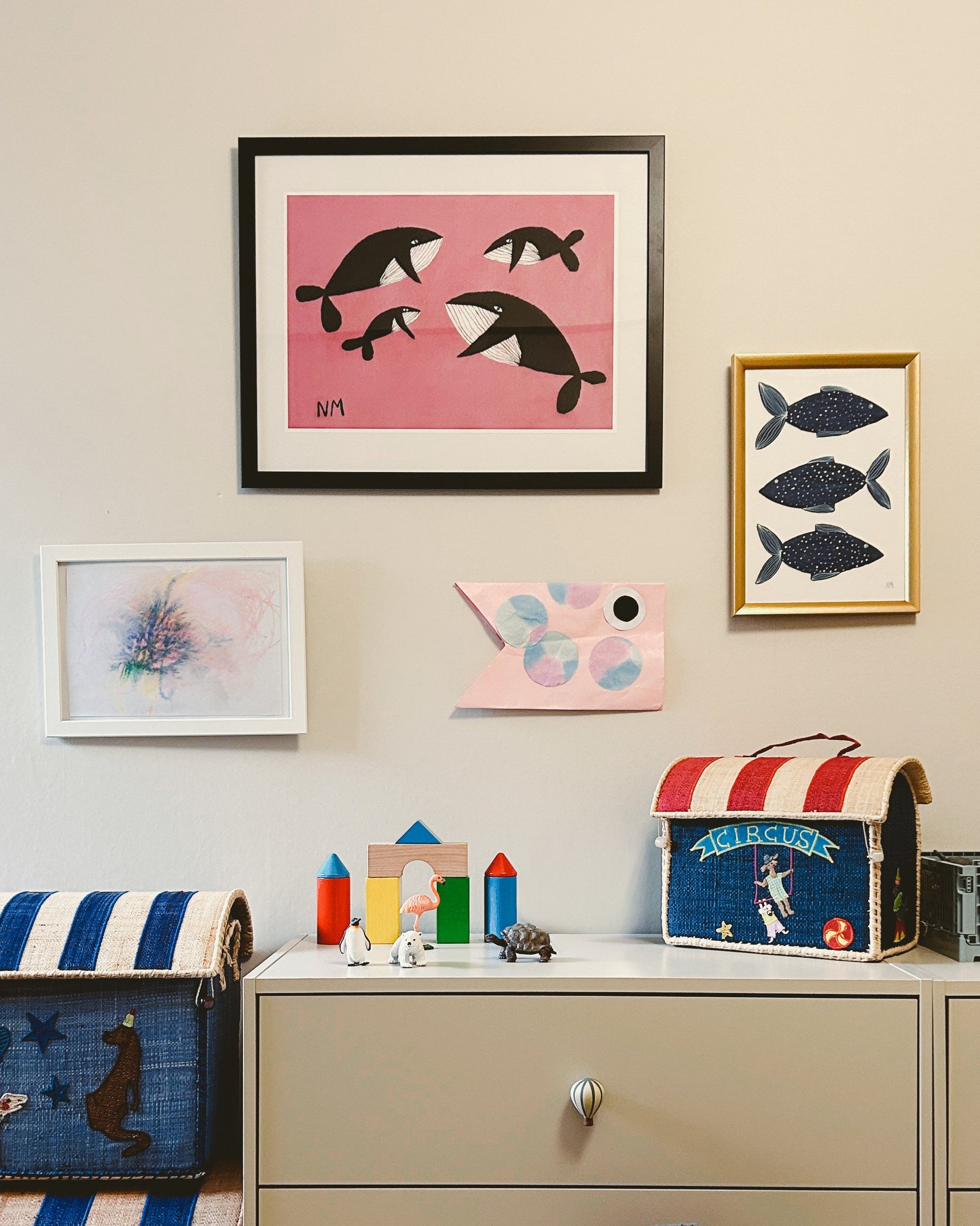 Whale Family on Pink Print
